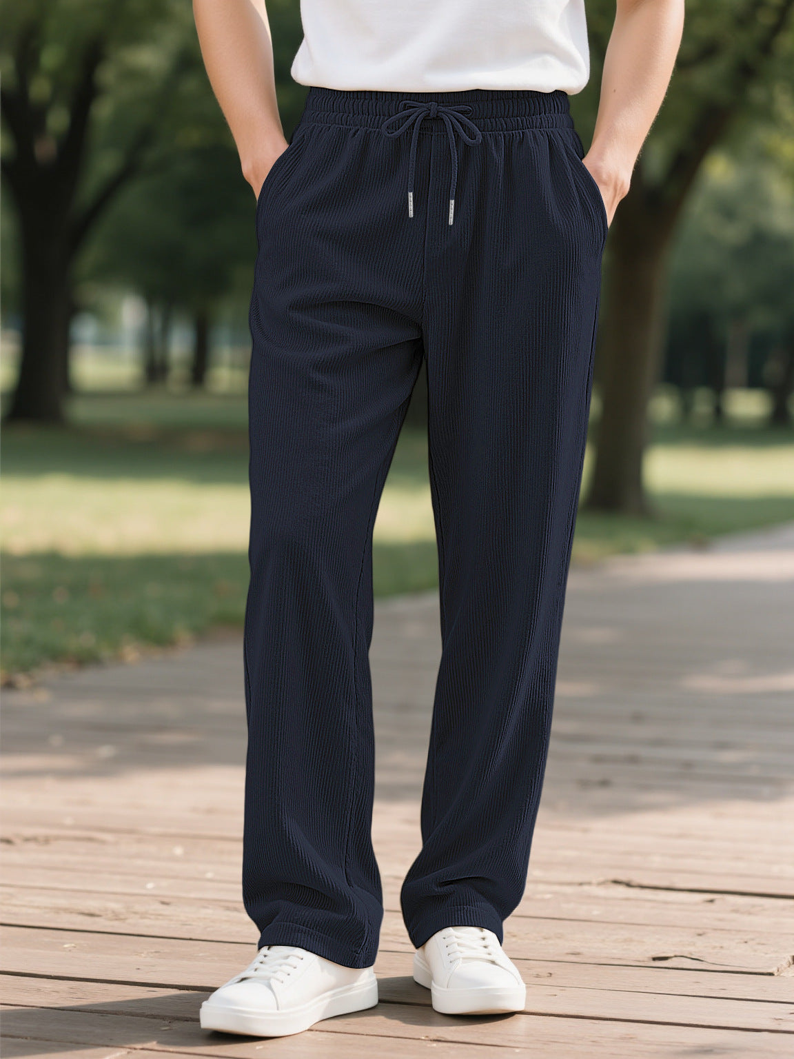 Men's Autumn Vertical Textured Pleated Pants - Elastic Waist Drawstring Straight Casual Trousers - Multi-Color