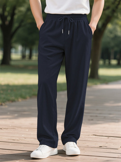 Men's Autumn Vertical Textured Pleated Pants - Elastic Waist Drawstring Straight Casual Trousers - Multi-Color