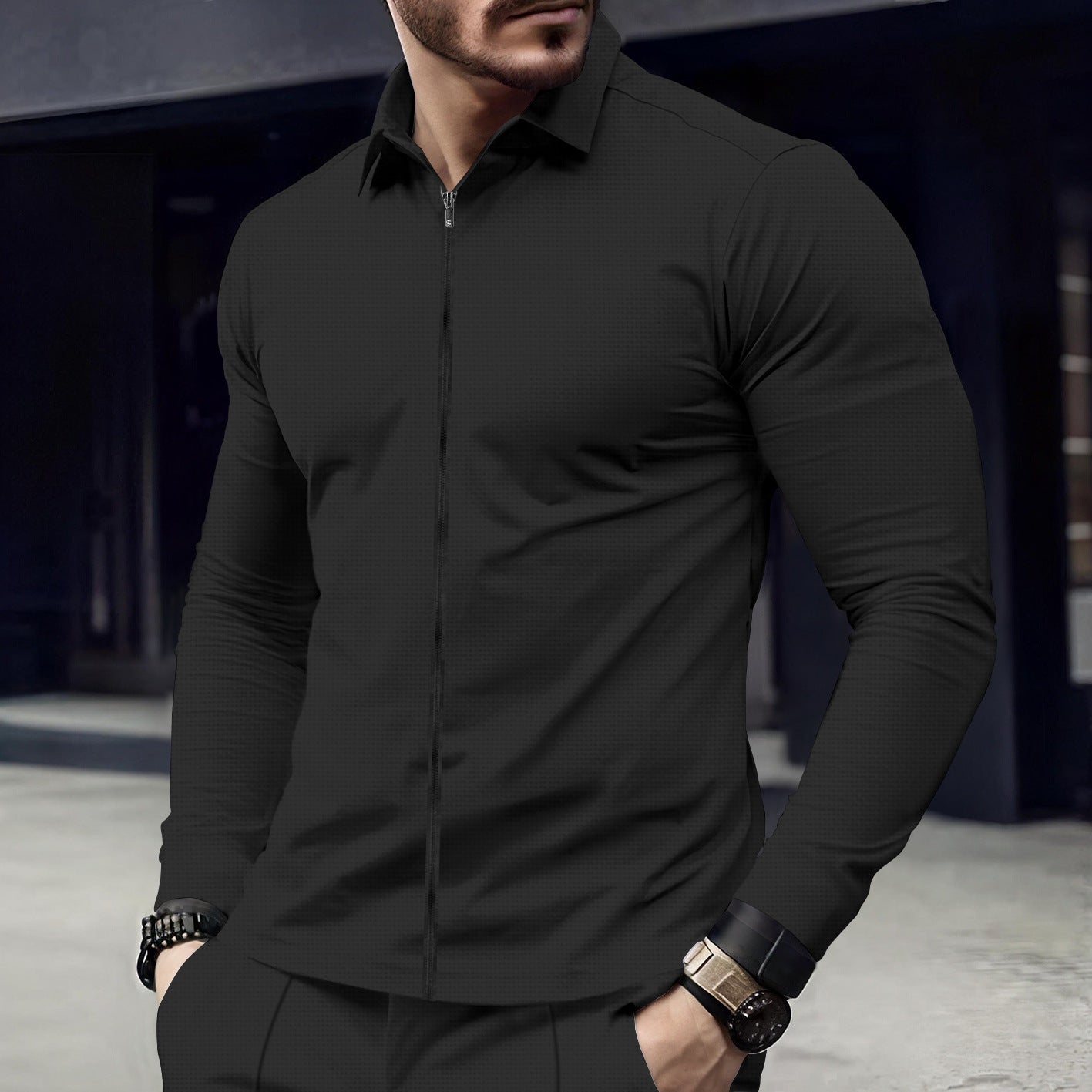 Men's Long Sleeve Zip-Up Collared Jacket - Waffle Textured Slim Fit Casual Top