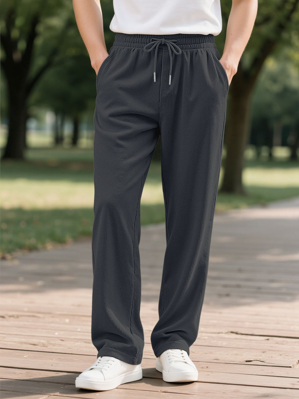 Men's Autumn Vertical Textured Pleated Pants - Elastic Waist Drawstring Straight Casual Trousers - Multi-Color