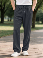 Men's Autumn Vertical Textured Pleated Pants - Elastic Waist Drawstring Straight Casual Trousers - Multi-Color