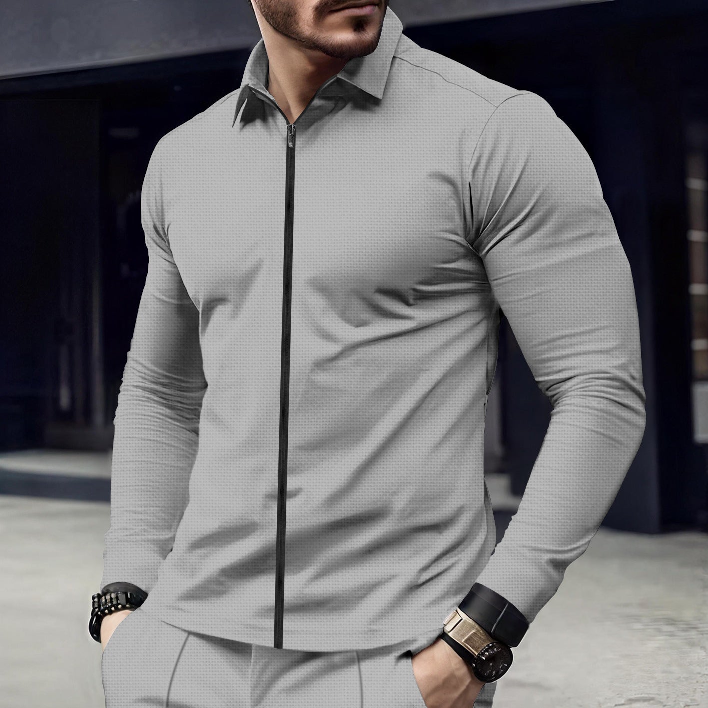 Men's Long Sleeve Zip-Up Collared Jacket - Waffle Textured Slim Fit Casual Top