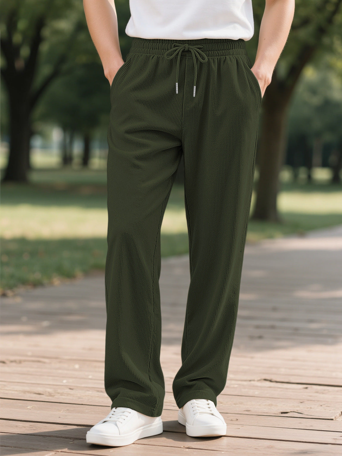 Men's Autumn Vertical Textured Pleated Pants - Elastic Waist Drawstring Straight Casual Trousers - Multi-Color