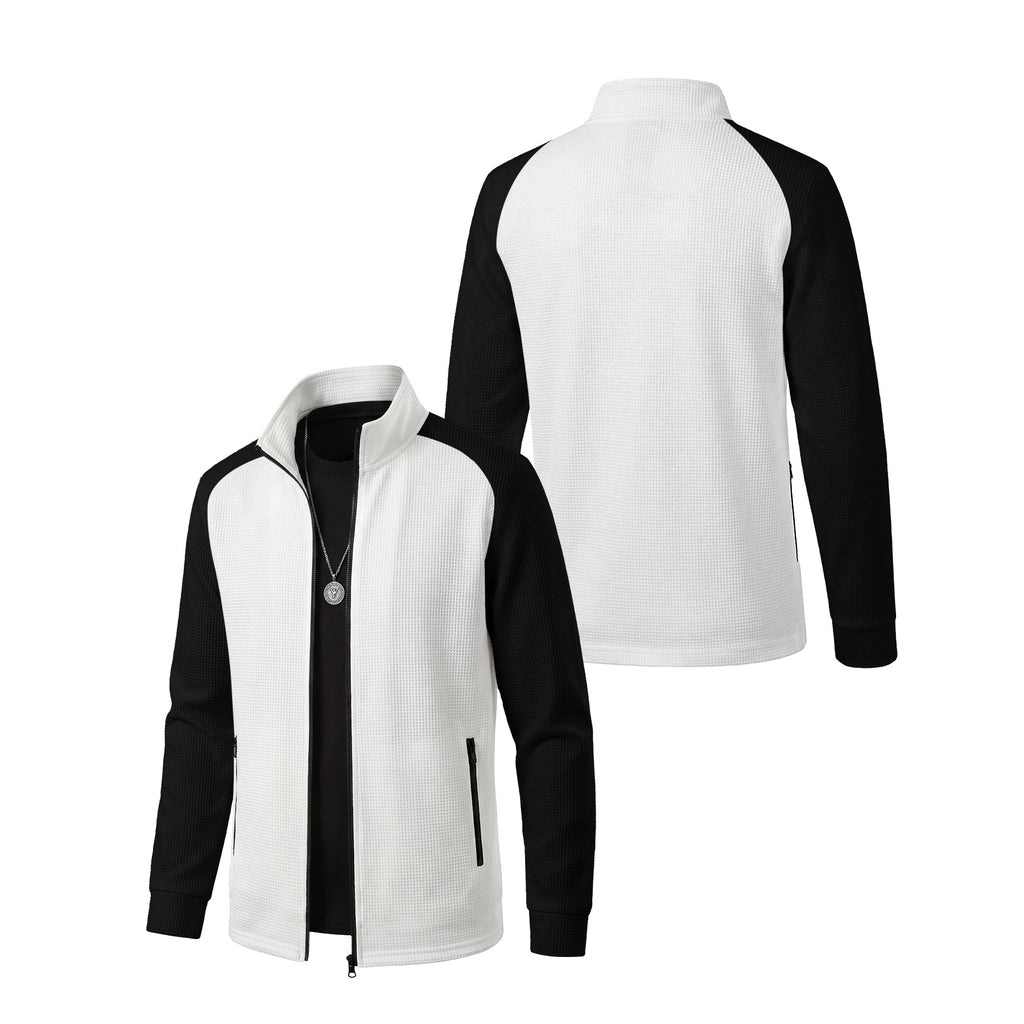 Men's Waffle Textured Color-Block Long Sleeve Zip-Up Jacket - Stand Collar Athletic Track Top