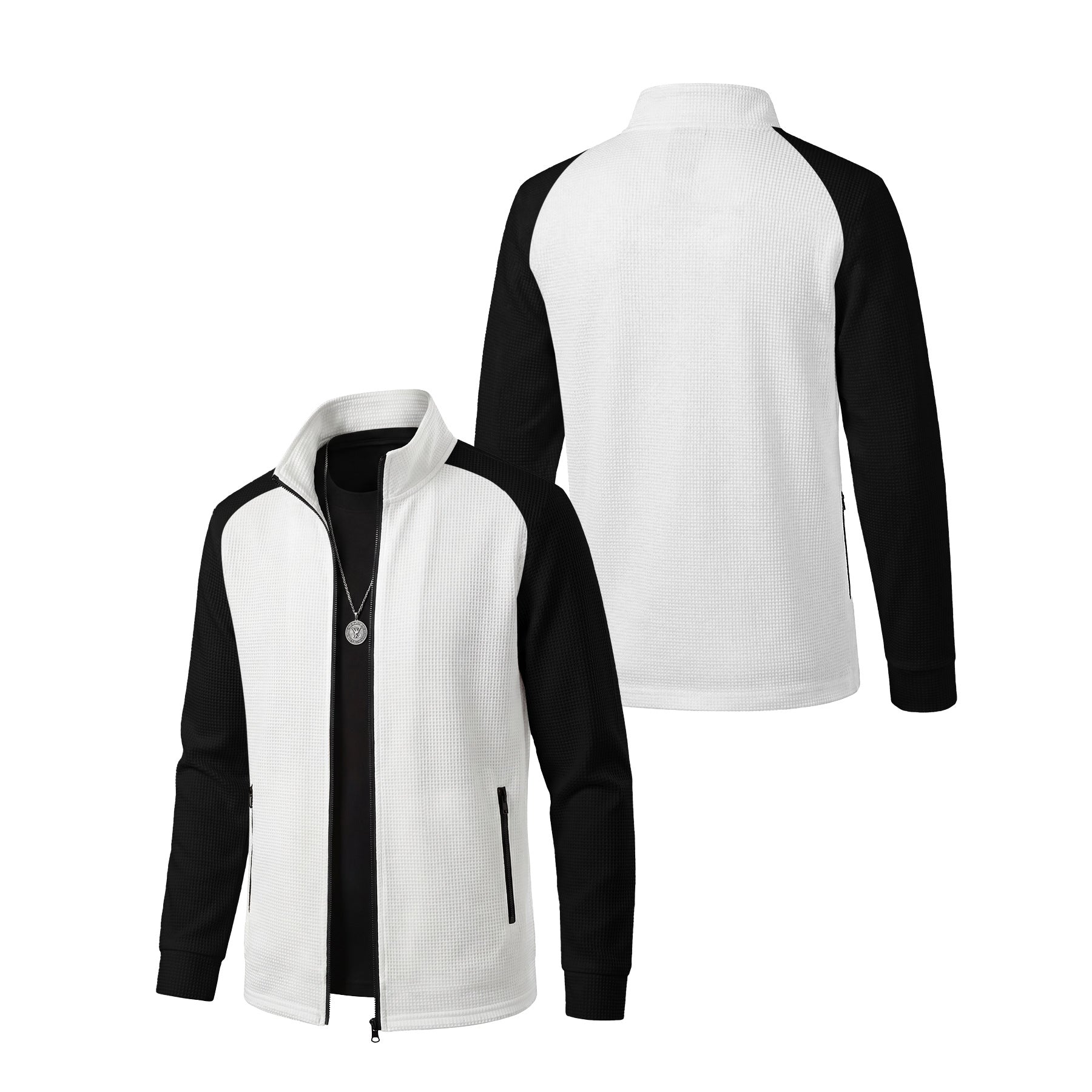 Men's Waffle Textured Color-Block Long Sleeve Zip-Up Jacket - Stand Collar Athletic Track Top