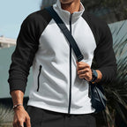 Men's Waffle Textured Color-Block Long Sleeve Zip-Up Jacket - Stand Collar Athletic Track Top