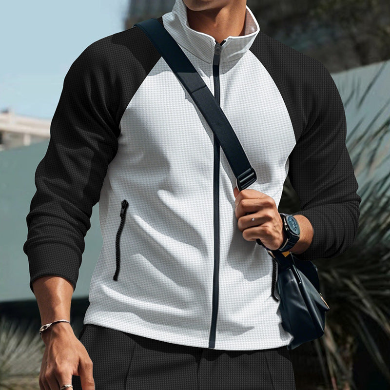 Men's Waffle Textured Color-Block Long Sleeve Zip-Up Jacket - Stand Collar Athletic Track Top