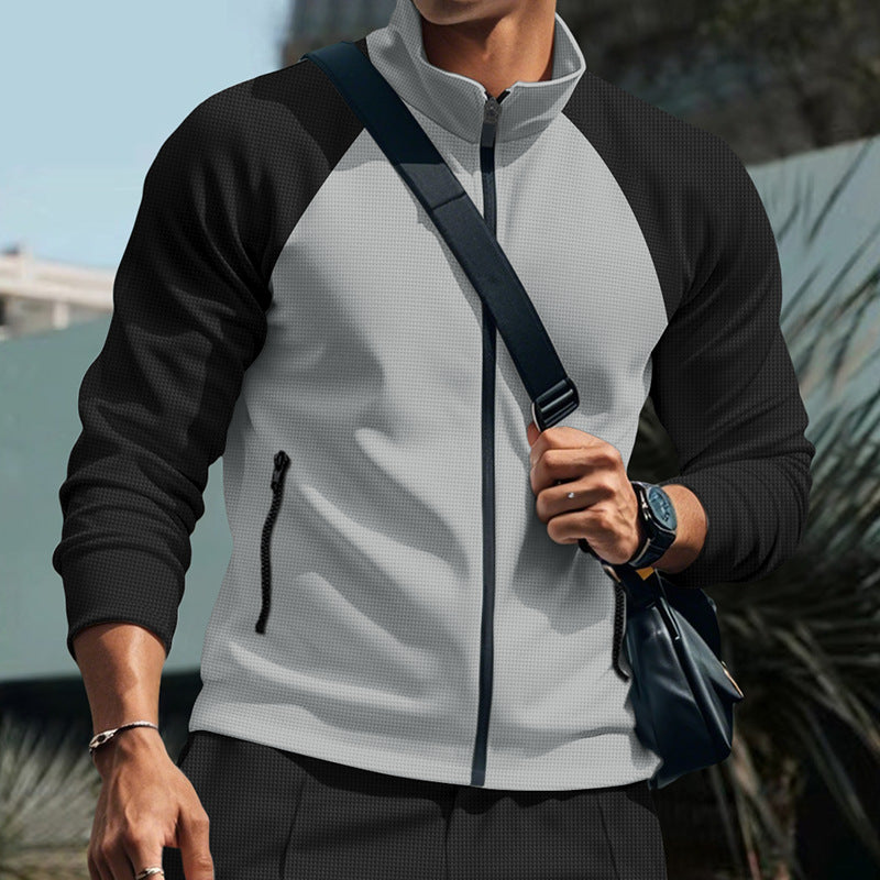 Men's Waffle Textured Color-Block Long Sleeve Zip-Up Jacket - Stand Collar Athletic Track Top