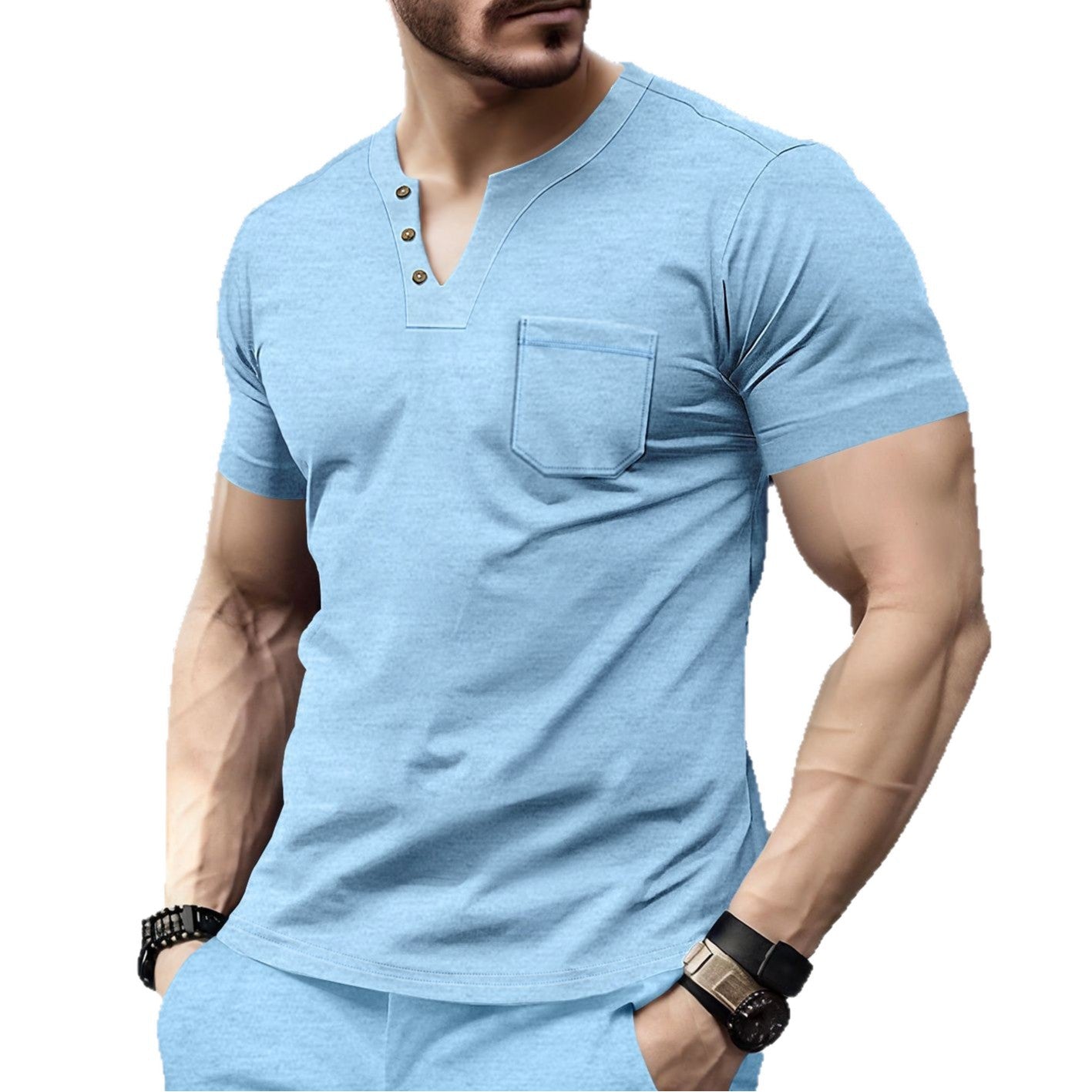 Men's Summer Short Sleeve Henley Shirt - 3-Button V-Neck Placket Tee with Left Chest Pocket
