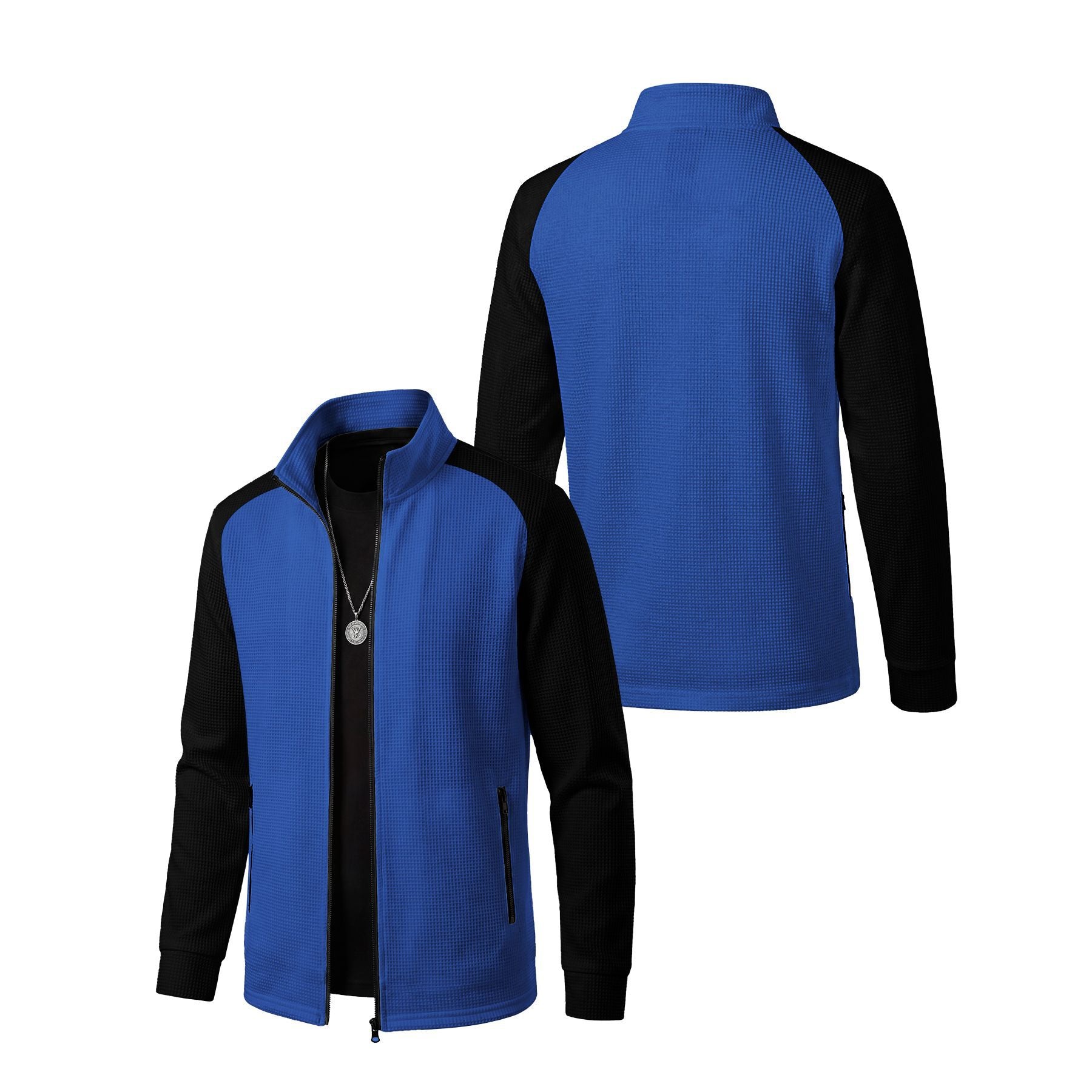 Men's Waffle Textured Color-Block Long Sleeve Zip-Up Jacket - Stand Collar Athletic Track Top
