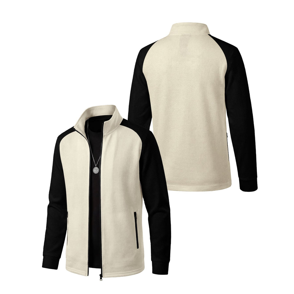 Men's Waffle Textured Color-Block Long Sleeve Zip-Up Jacket - Stand Collar Athletic Track Top