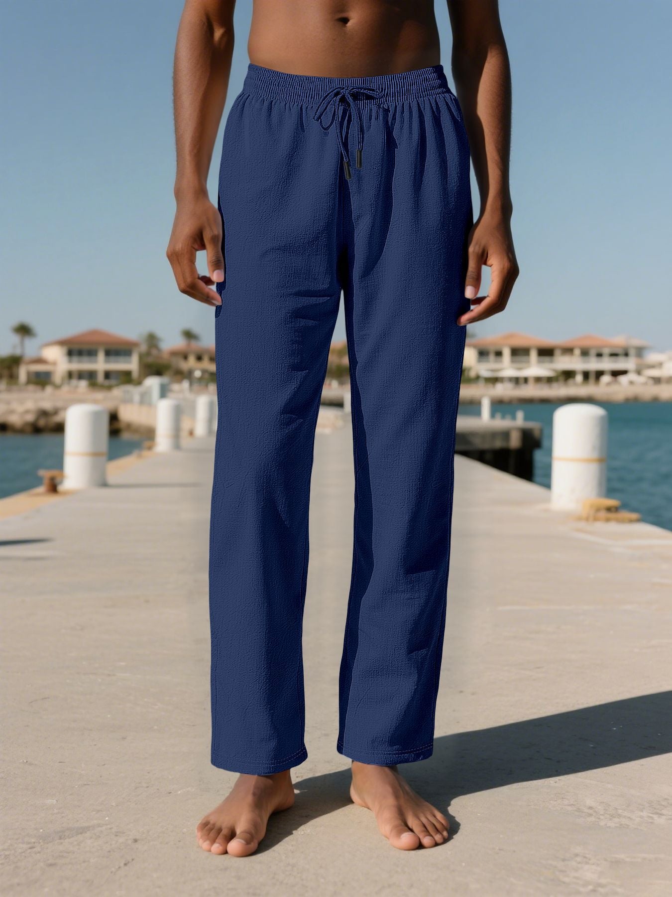 Men's Summer Textured Breathable Pants - Elastic Waist Drawstring Straight Casual Trousers - Multi-Color