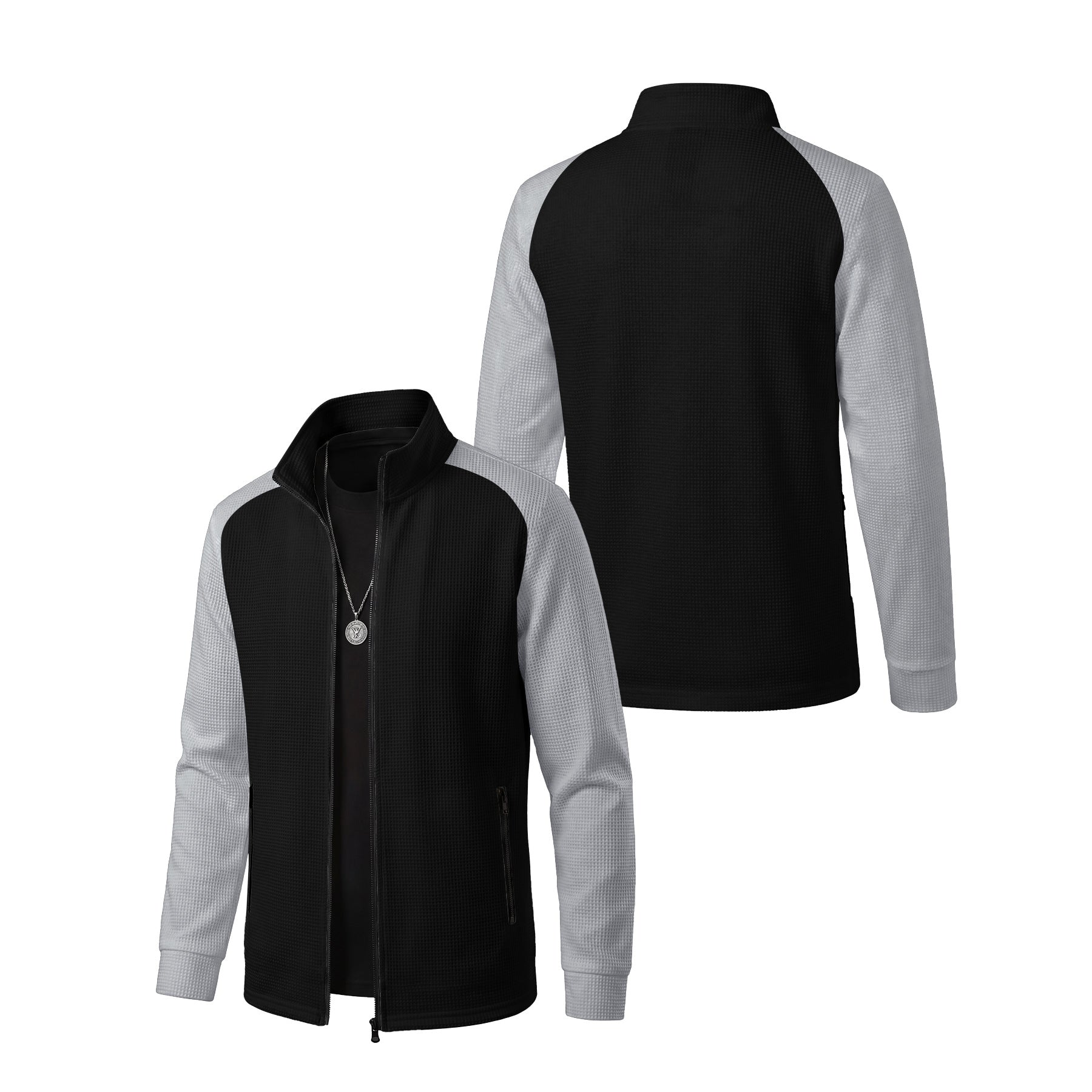 Men's Waffle Textured Color-Block Long Sleeve Zip-Up Jacket - Stand Collar Athletic Track Top