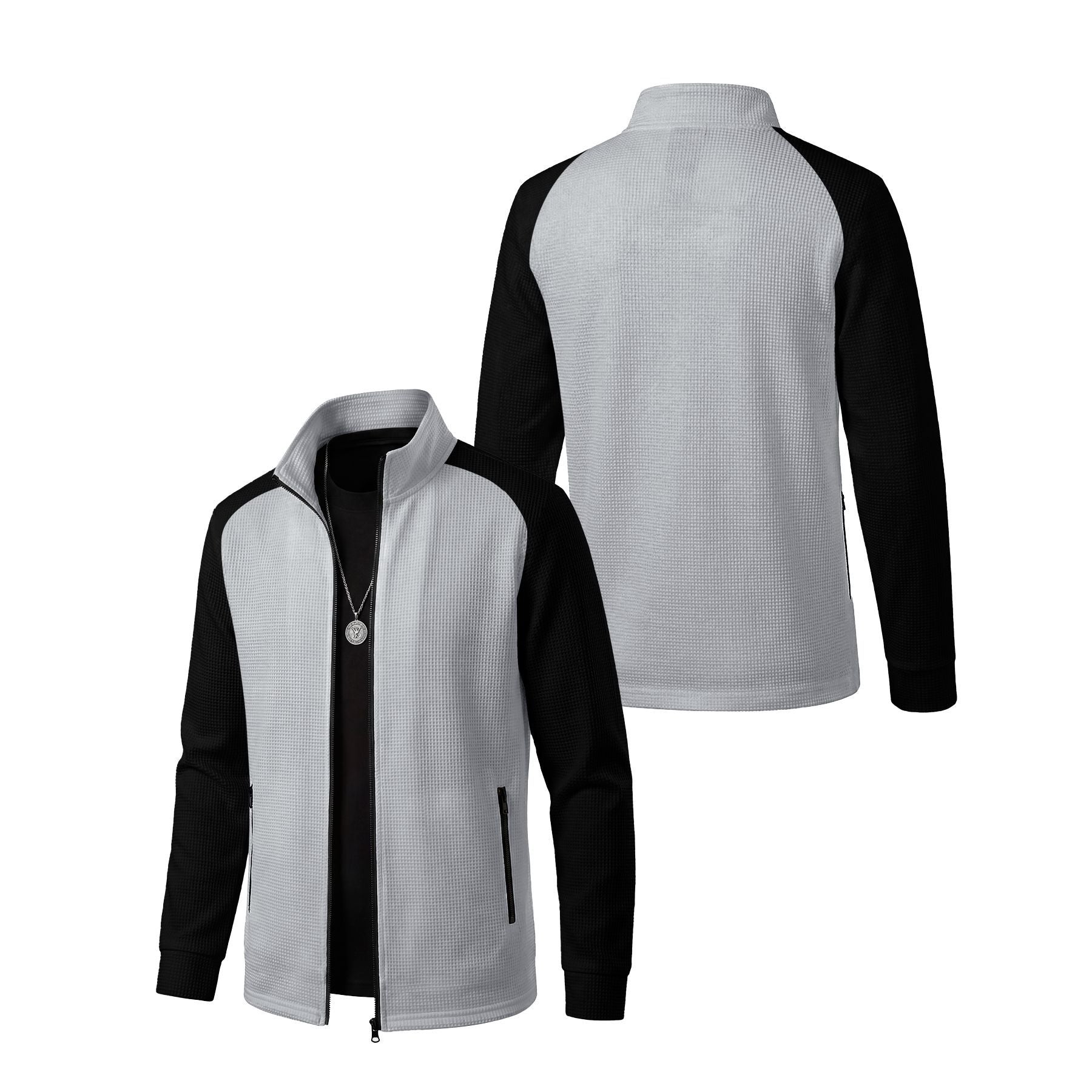 Men's Waffle Textured Color-Block Long Sleeve Zip-Up Jacket - Stand Collar Athletic Track Top