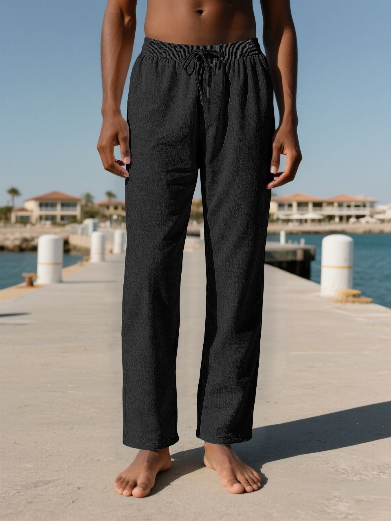 Men's Summer Textured Breathable Pants - Elastic Waist Drawstring Straight Casual Trousers - Multi-Color