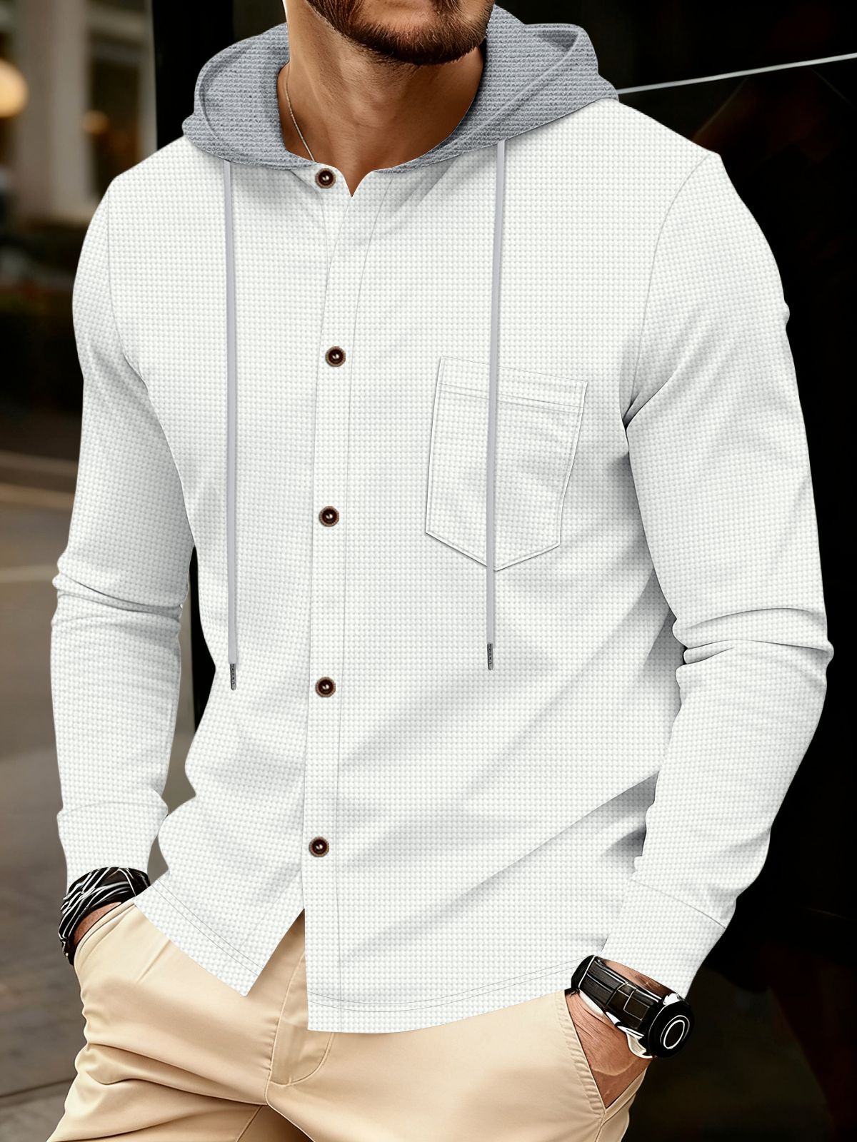 Men's Long Sleeve Hooded Button-Down Shirt - Waffle Textured Casual Hoodie
