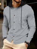 Men's Long Sleeve Hooded Button-Down Shirt - Waffle Textured Casual Hoodie