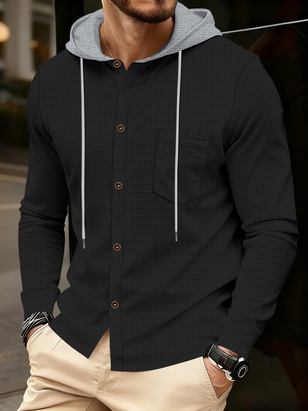 Men's Long Sleeve Hooded Button-Down Shirt - Waffle Textured Casual Hoodie