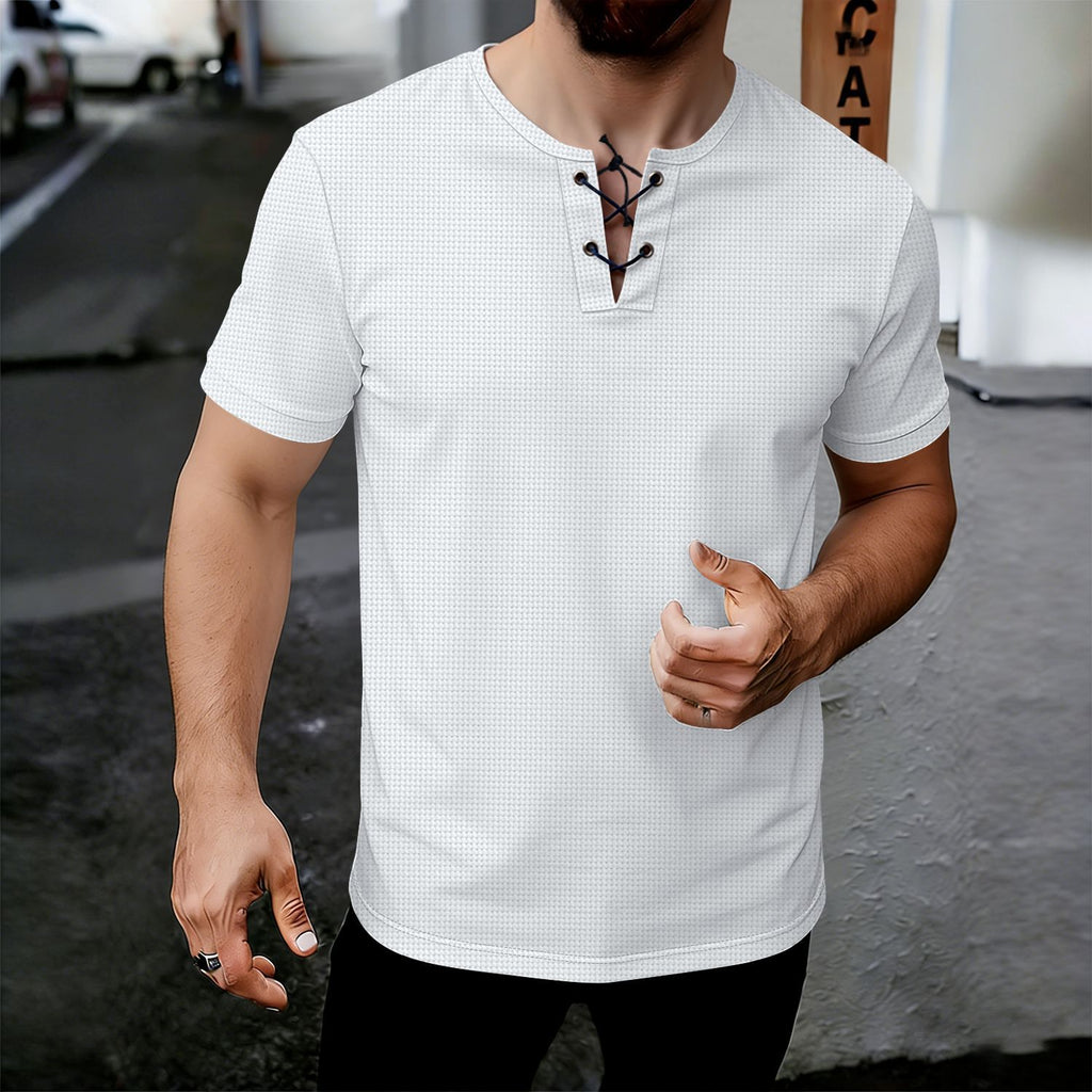 Men's Summer Short Sleeve V-Neck Lace-Up T-Shirt - Waffle Textured Casual Top