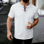 Men's Summer Short Sleeve V-Neck Lace-Up T-Shirt - Waffle Textured Casual Top