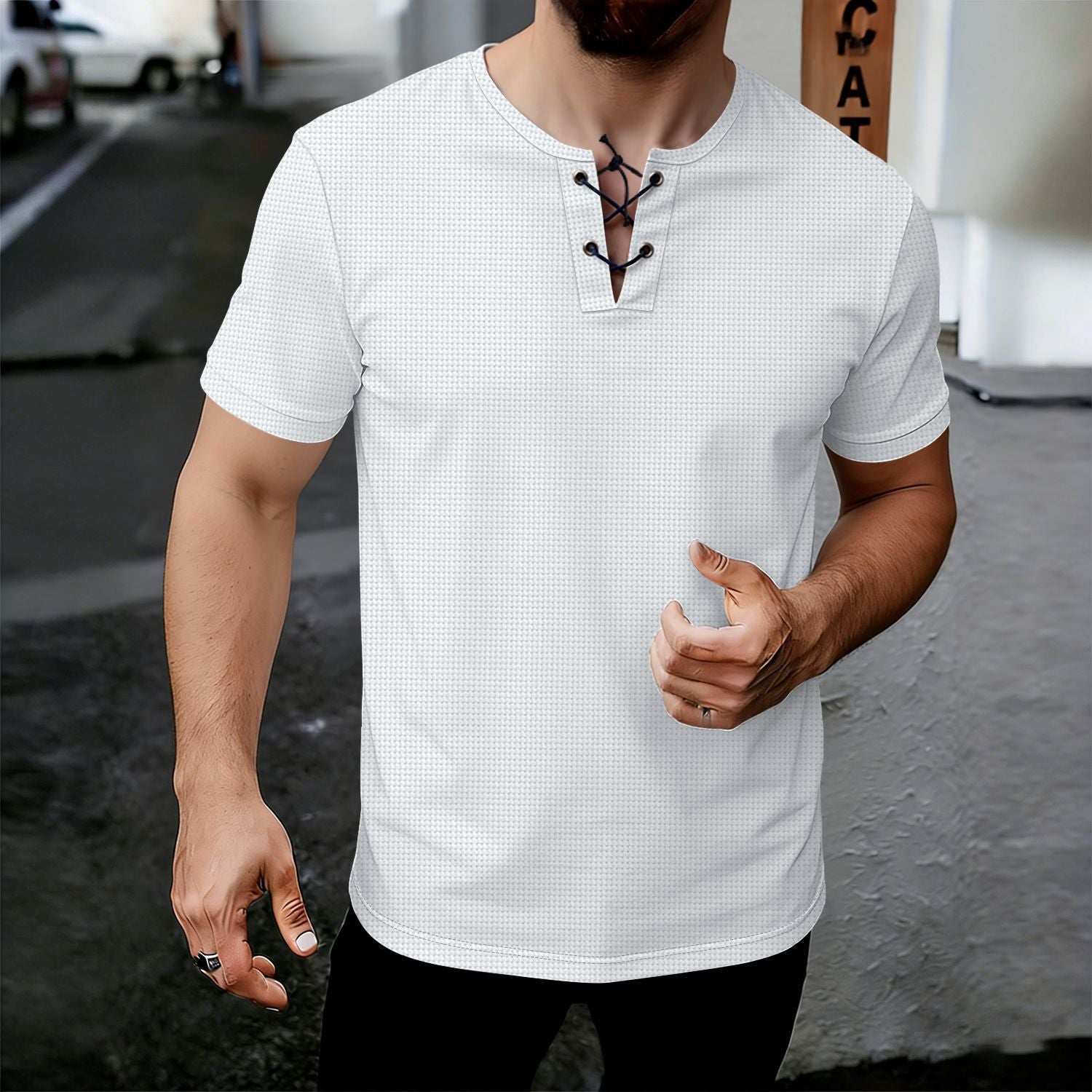 Men's Summer Short Sleeve V-Neck Lace-Up T-Shirt - Waffle Textured Casual Top