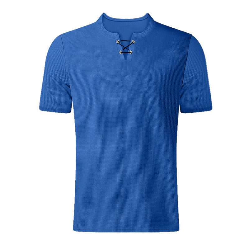 Men's Summer Short Sleeve V-Neck Lace-Up T-Shirt - Waffle Textured Casual Top