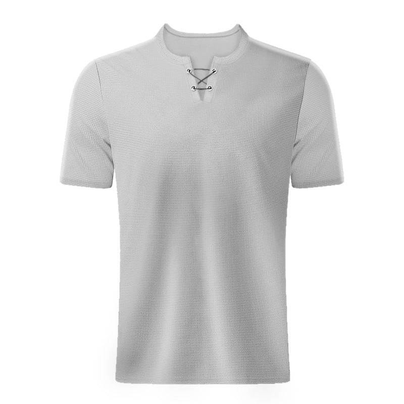 Men's Summer Short Sleeve V-Neck Lace-Up T-Shirt - Waffle Textured Casual Top