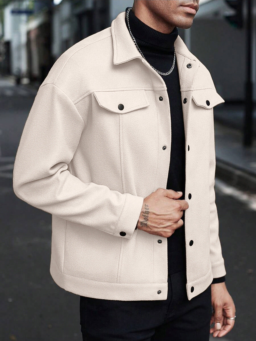Men's Lapel Collar Long Sleeve Snap-Button Jacket - Solid Color Utility Workwear Outerwear - Multi-Color