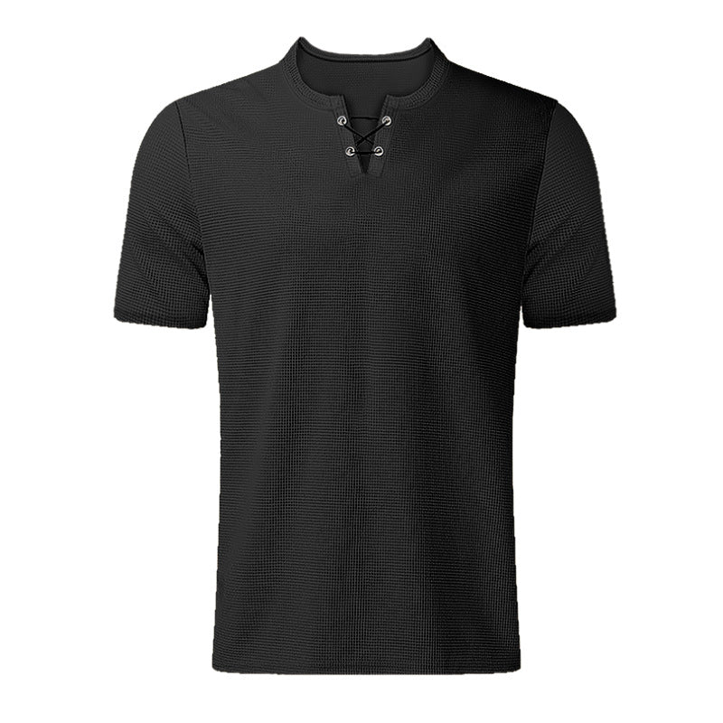 Men's Summer Short Sleeve V-Neck Lace-Up T-Shirt - Waffle Textured Casual Top