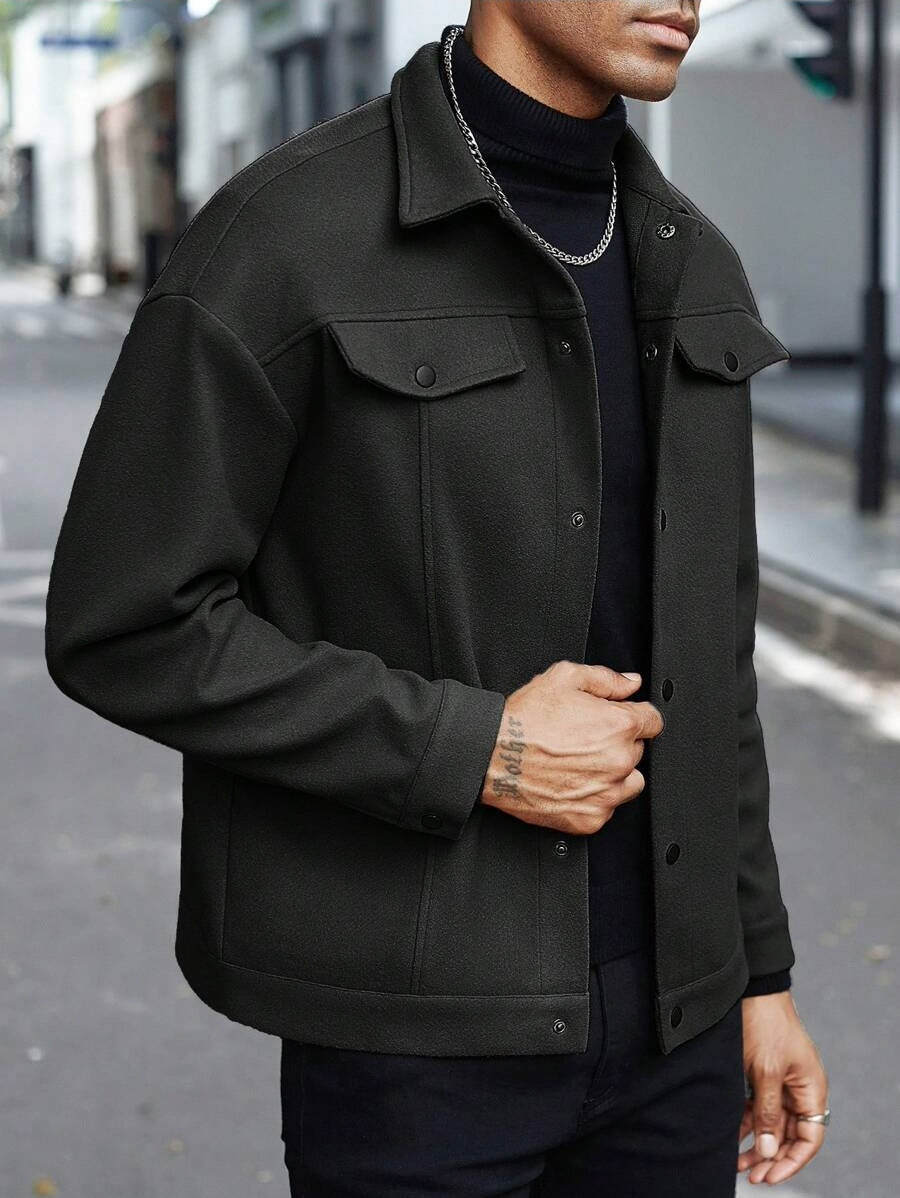 Men's Lapel Collar Long Sleeve Snap-Button Jacket - Solid Color Utility Workwear Outerwear - Multi-Color