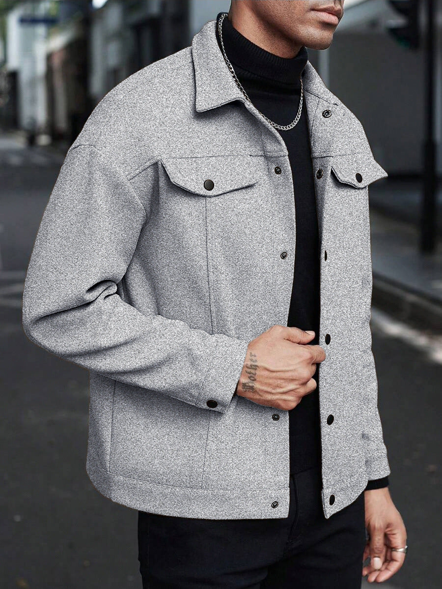 Men's Lapel Collar Long Sleeve Snap-Button Jacket - Solid Color Utility Workwear Outerwear - Multi-Color