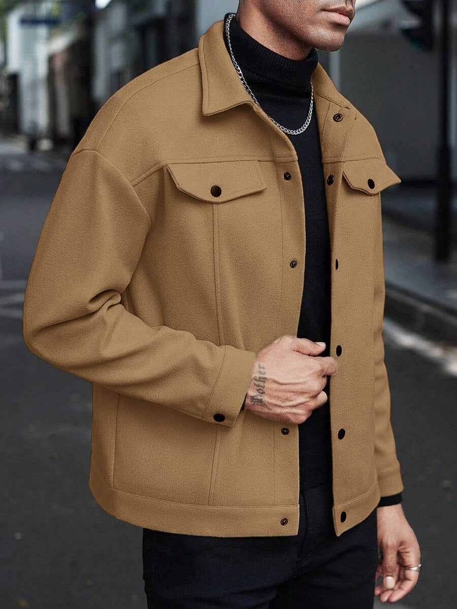 Men's Lapel Collar Long Sleeve Snap-Button Jacket - Solid Color Utility Workwear Outerwear - Multi-Color