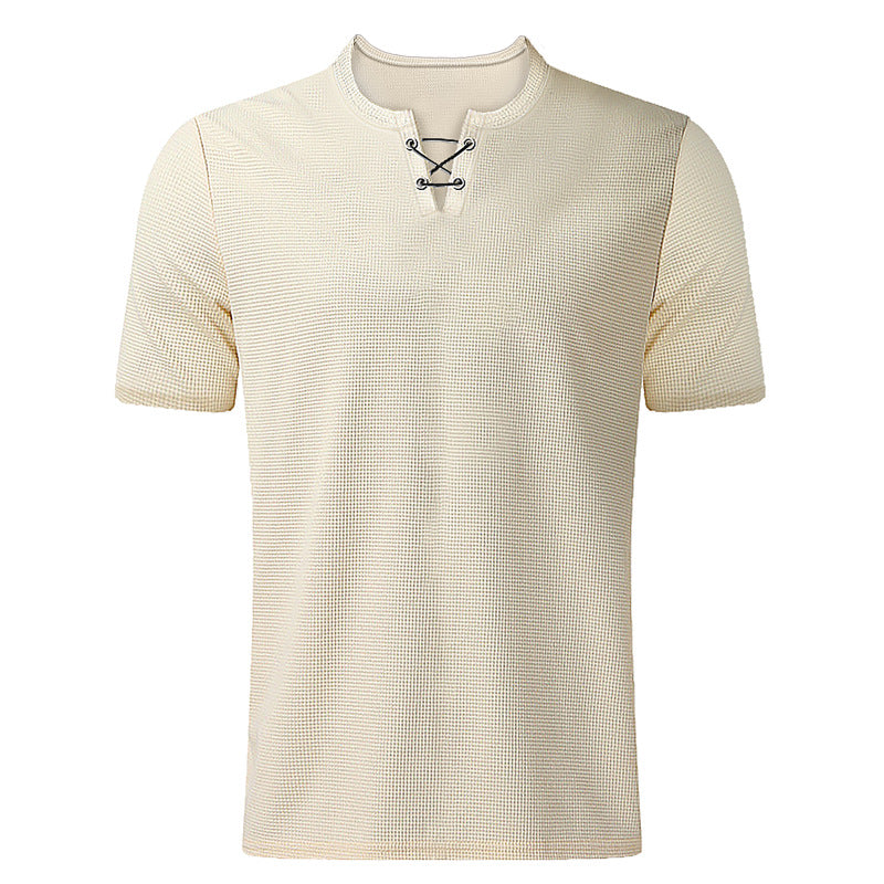 Men's Summer Short Sleeve V-Neck Lace-Up T-Shirt - Waffle Textured Casual Top
