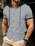 Men's Summer Short Sleeve Hooded Button-Down Shirt - Waffle Textured Casual Hoodie