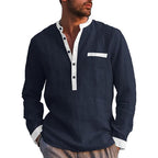 Men's Cotton Linen Long Sleeve Henley Shirt - Pink - L