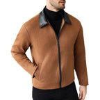 Men's Wool Blend Zip Jacket with Faux Leather Lapel - Caramel - S